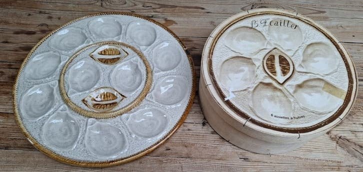 Vintage Franse oesterschaal + 6 oesterborden , St.Clement, Antiek en Kunst, Ophalen of Verzenden