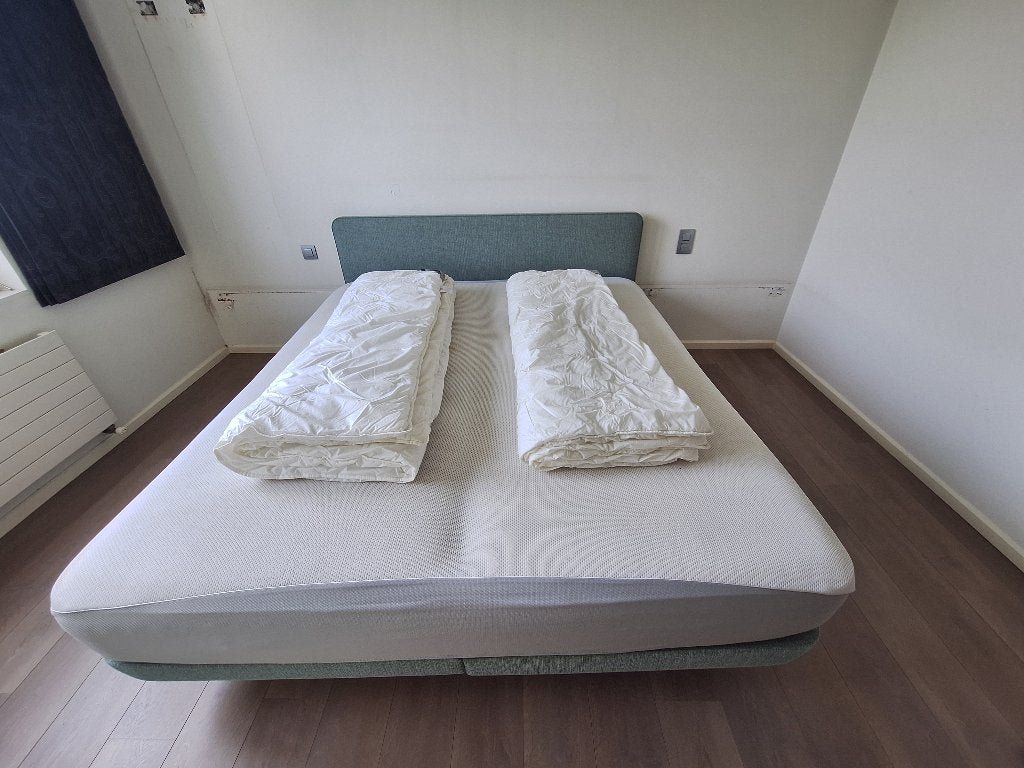 Boxspring + matras + donsdekens, Ophalen, Gebruikt, Tweepersoons, 180 cm