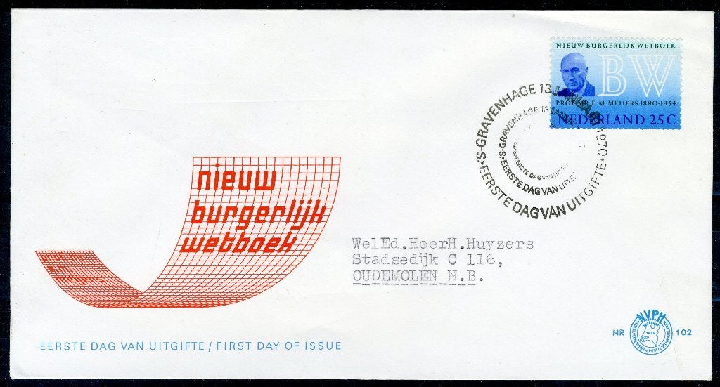 NEDERLAND E102 FDC 1970 - Burgerlijk Wetboek (met adres), Verzenden, Na 1940, Gestempeld