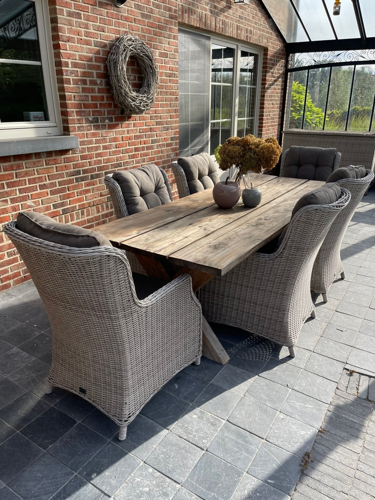 Houten tafel + 6 stoelen incl kussens, Tuin en Terras, Ophalen, Gebruikt, Eettafel, 6 zitplaatsen