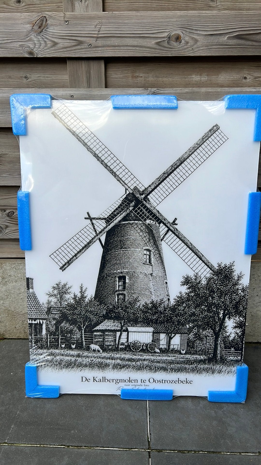 Pentekening in glasplaat kalberg molen oostrozebeke, Verzamelen, Ophalen, Nieuw, Voor 1940, Prent