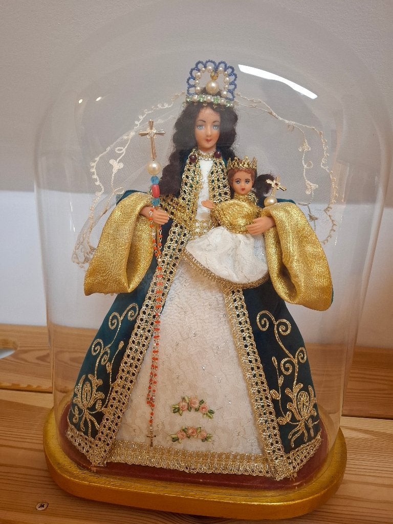 Antiek vintage wassen Maria beeld met Jezus in glazen stolp, Ophalen
