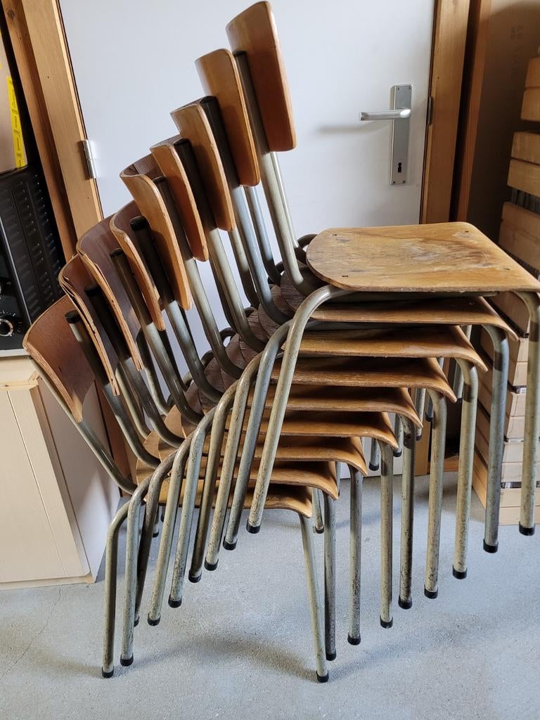 Set van 9 vintage schoolstoelen - Tubax-stijl jaren 50-60, Ophalen, Gebruikt, Bruin, Vijf, Zes of meer stoelen