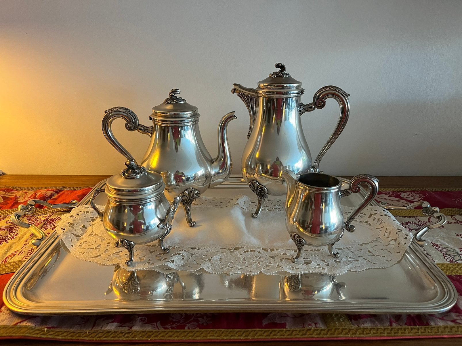 Zilvere dienblad met koffie-, theepot  & suiker-& melkpot, Ophalen, Zilver