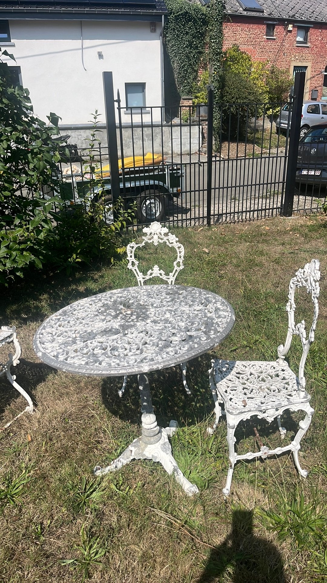 Table, 2 chaises et un tabouret de jardin vintage, Enlèvement, Utilisé, Autres matériaux, Table d'appoint