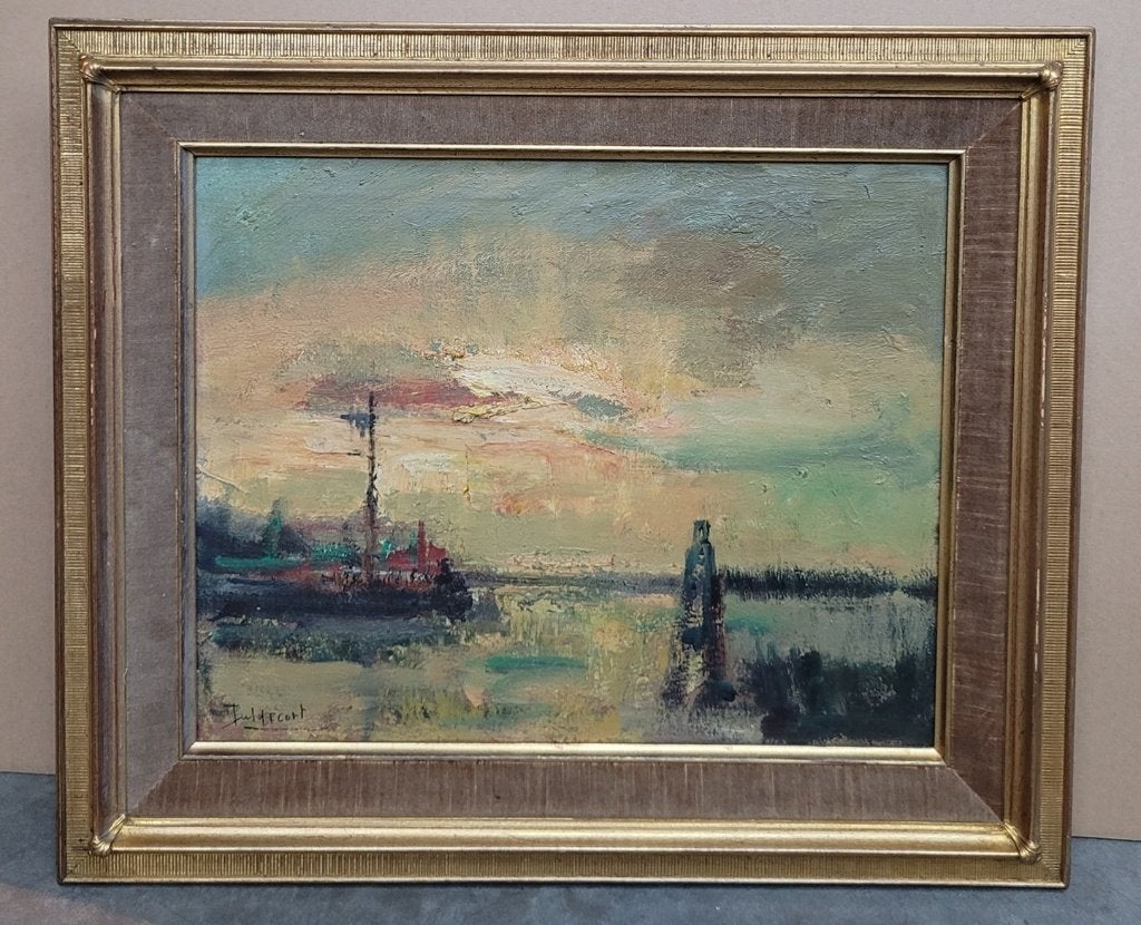 Juul DE CORT, havenmonding bij avondrood, Antiquités & Art, Enlèvement ou Envoi, Toile, Maritime / eau, Signé