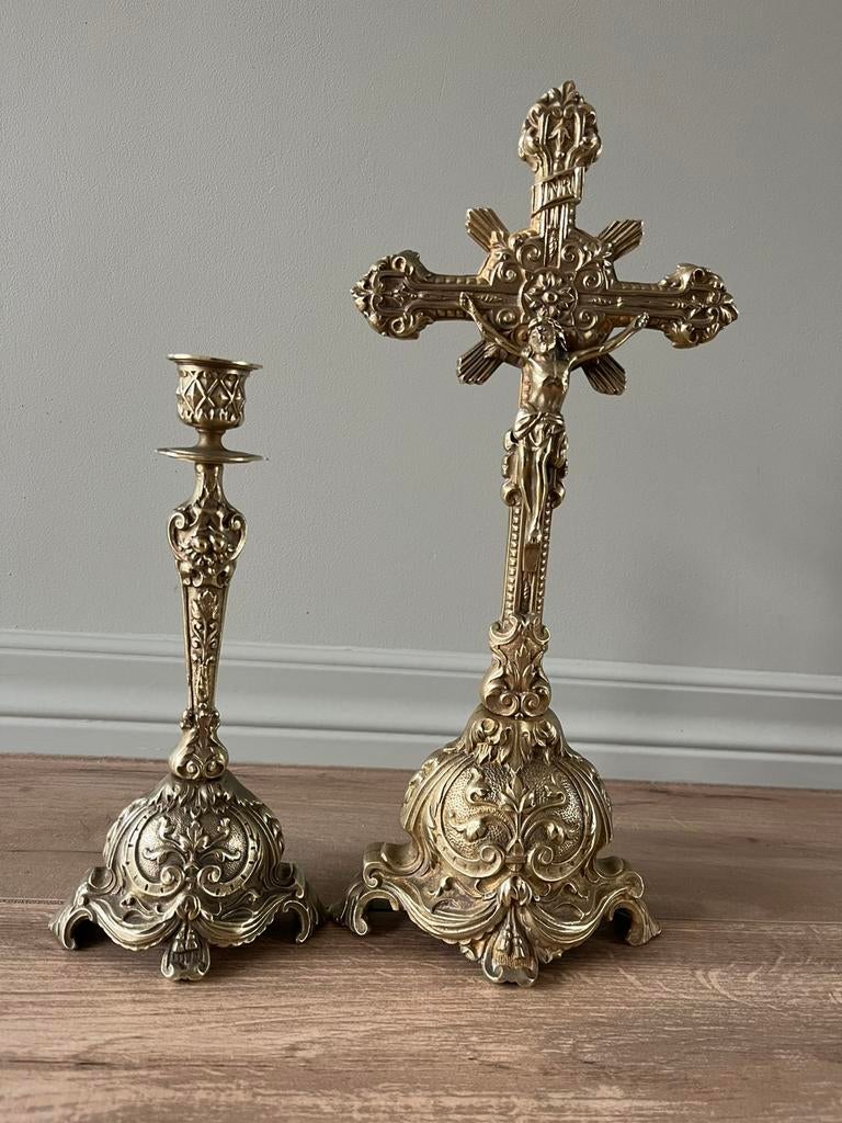 Antieke Altaarkruis & Kandelaar - Depose DL N125, Antiek en Kunst, Ophalen of Verzenden, Koper of Brons