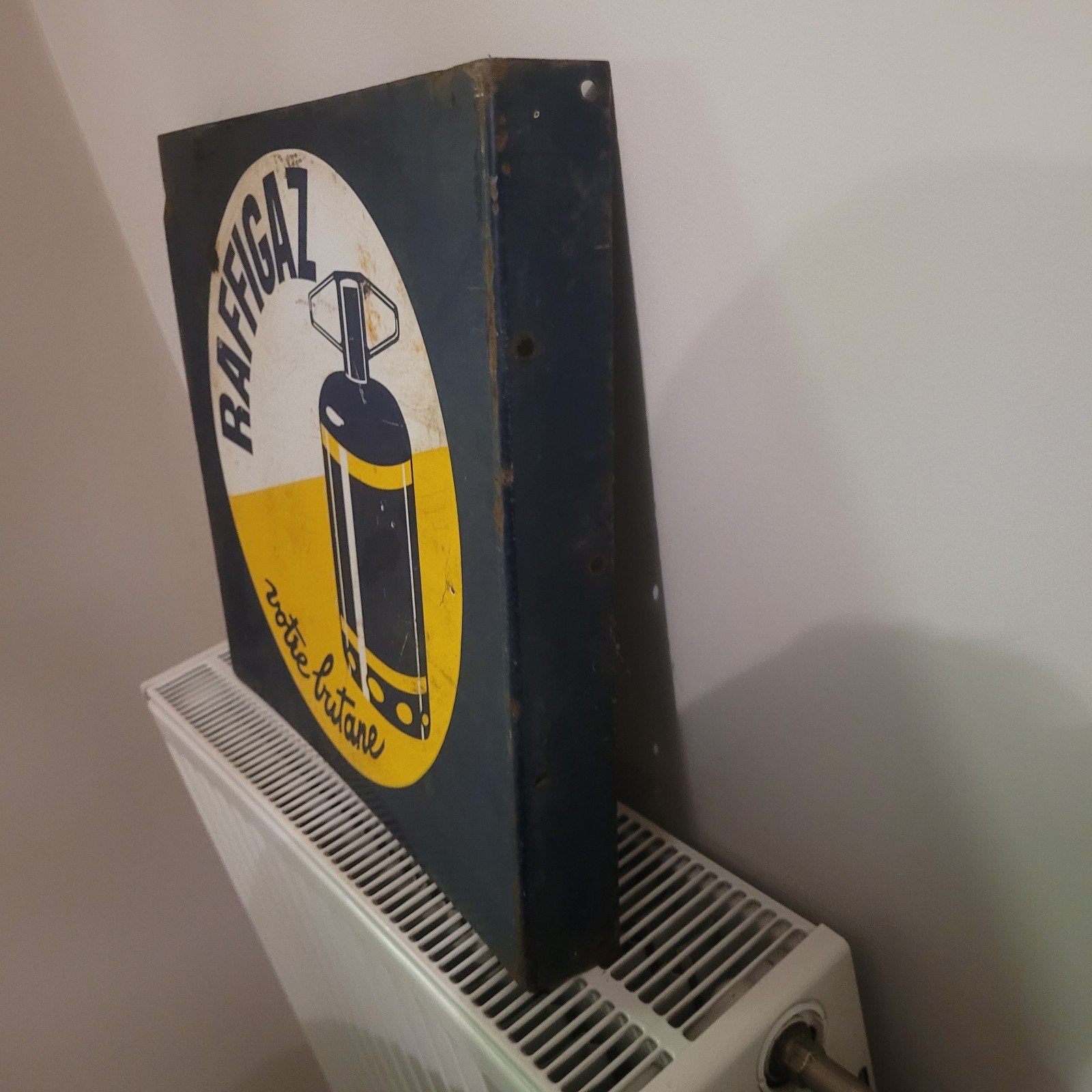 Raffigaz dubbelzijdige emaille plaat, Verzamelen, Ophalen of Verzenden