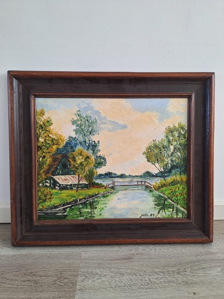 Landschap met Huisje en Water - Gesigneerd, Antiek en Kunst, Kunst | Schilderijen | Klassiek, Doek, Realistisch, Ophalen of Verzenden