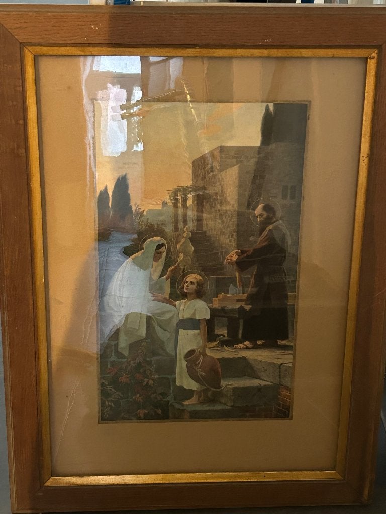 Vintage kader heilige familie in de werkplaats, Antiek en Kunst, Ophalen