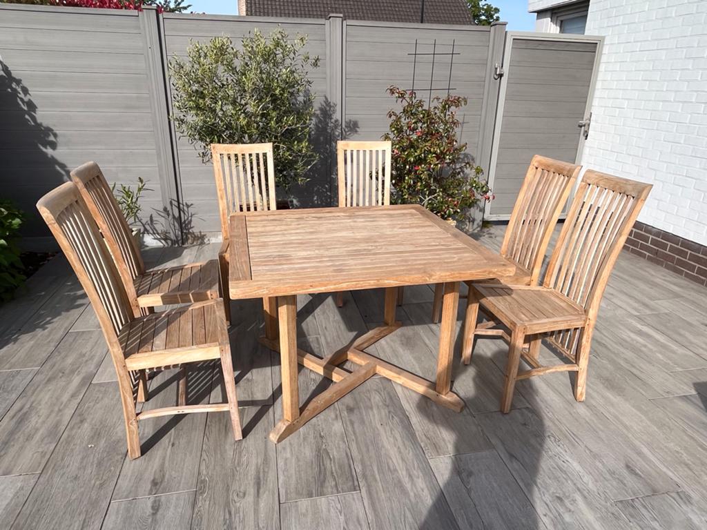 Degelijke tuinset in teakhout met 6 stoelen, Tuin en Terras, Ophalen, Gebruikt, 6 zitplaatsen, Teakhout