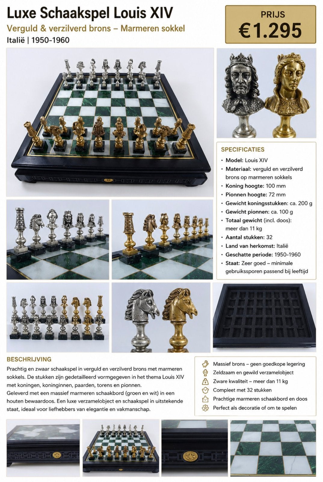 Luxe Bronzen Schaakspel Louis XIV 32-delig – Italië, Verzamelen, Foto's en Prenten, Ophalen, Zo goed als nieuw