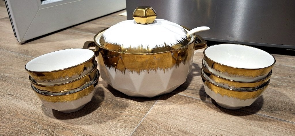 Soepservies in wit-gouden porselein, Enlèvement, Neuf, Porcelaine, Service complet