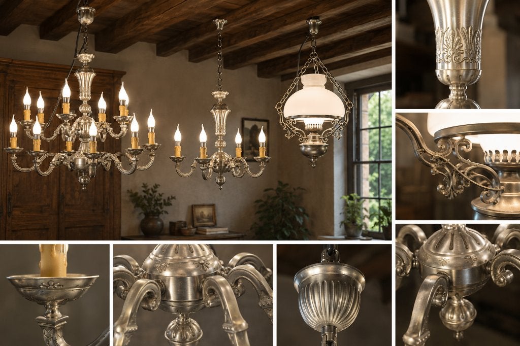 Zware tinne kroonluchters & hanglamp–als set  of apart, Comme neuf, Landelijk, Enlèvement, E14 (petit)