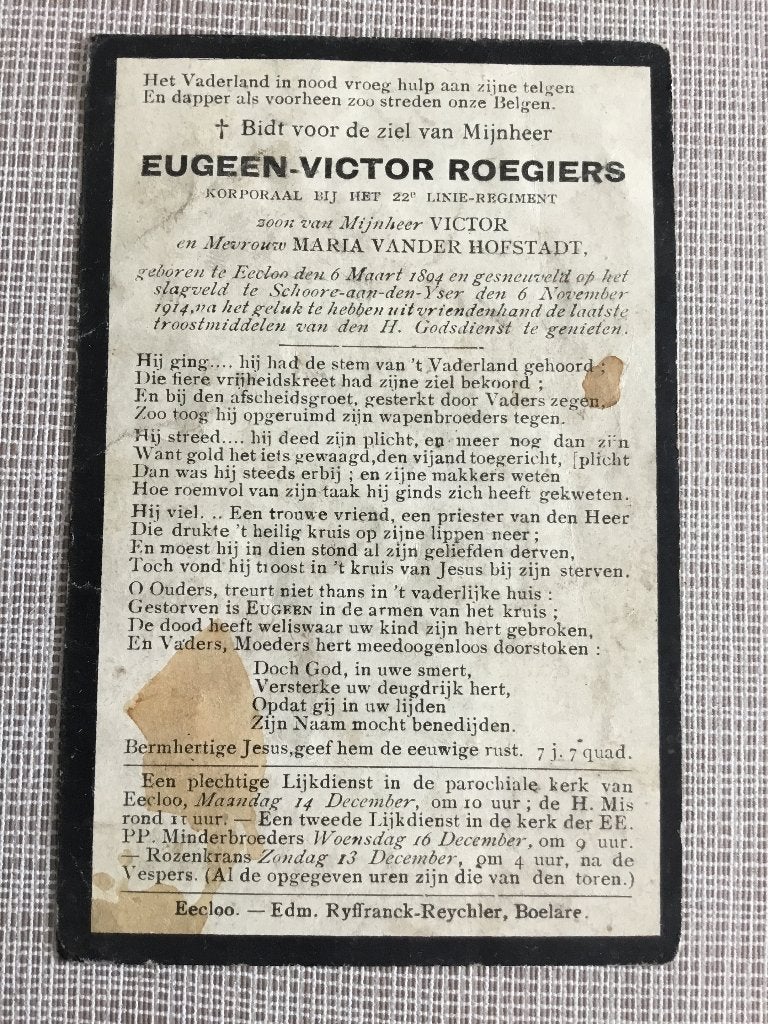 Soldat E. Roegiers Eeklo tué à Schoore a/d Yzer 1914 WOI, Envoi, Image pieuse