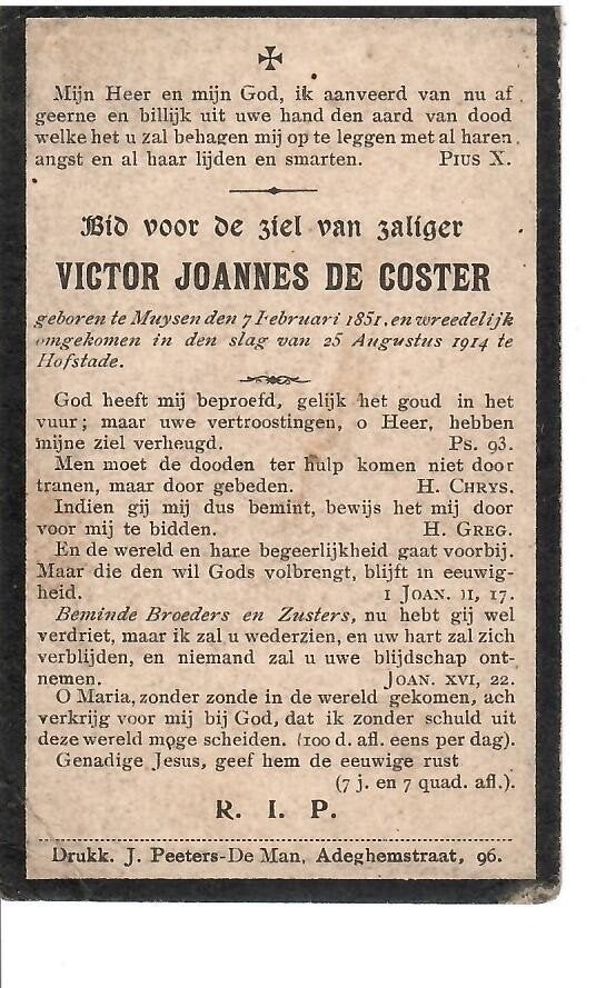 Bataille de Victor De Coster du 25 août 1914 à Hofstade, Collections, Images pieuses & Faire-part, Enlèvement ou Envoi