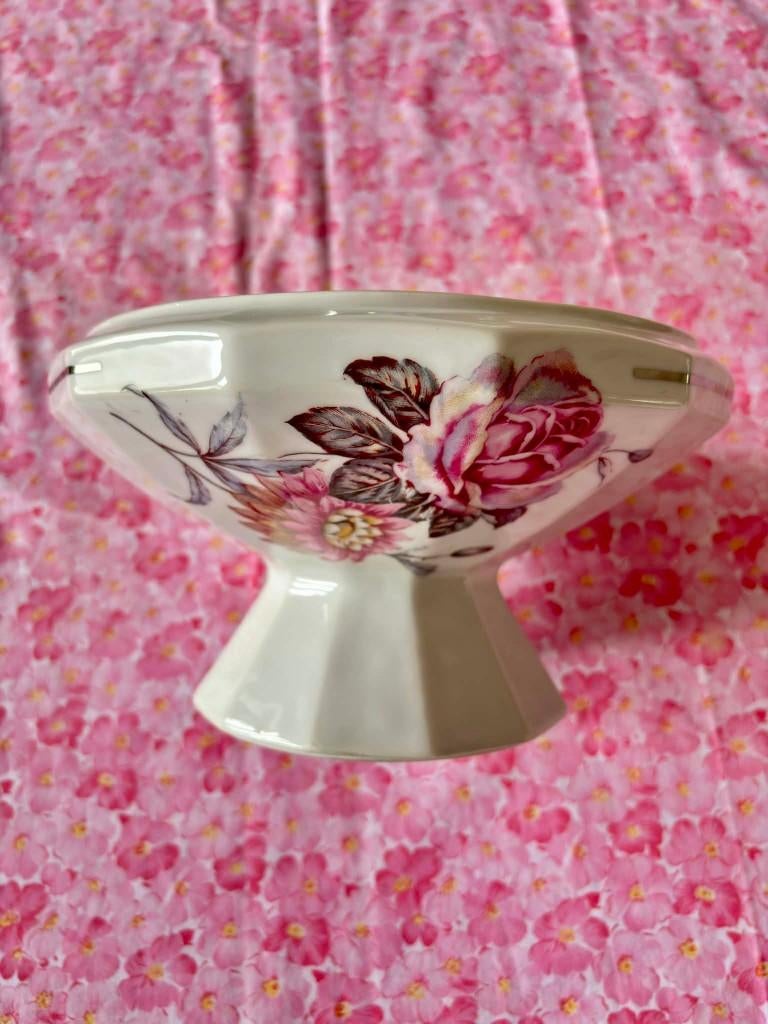 Coupe Compotier vintage limosafleur rose et liseré argenté, Antiquités & Art, Enlèvement ou Envoi