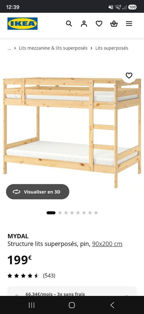 Lit superposé mydal ikea très bon état 80euros, Enlèvement, Utilisé, Deux personnes