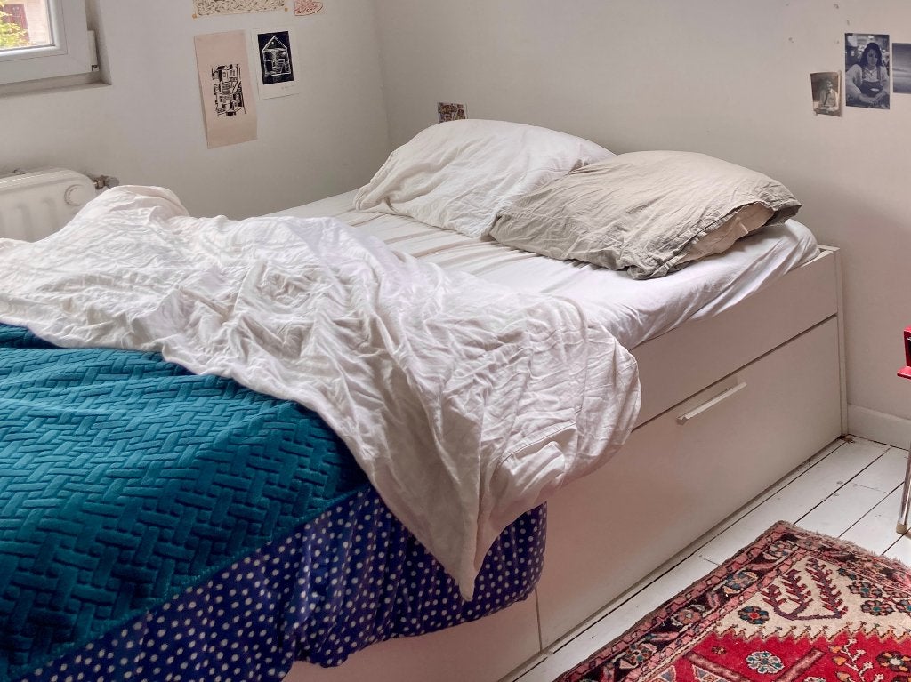 BRIMNES Bedframe met opberglades, wit, 160x200 cm, Huis en Inrichting, Slaapkamer | Bedden, Ophalen, Gebruikt, Tweepersoons, Wit