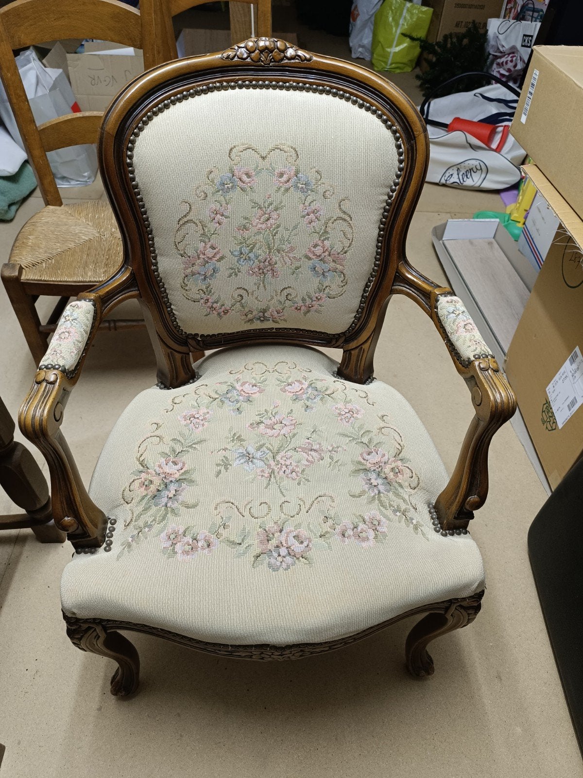 Prachtige Antieke Louis XV Stijl Fauteuil met Bloemengobelin, Enlèvement