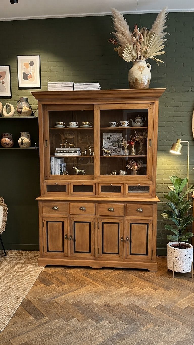 Teak Buffetkast met glazen front lades GRATIS LEVERING, 200 cm of meer, 150 tot 200 cm, Klasiek Teak, Ophalen of Verzenden
