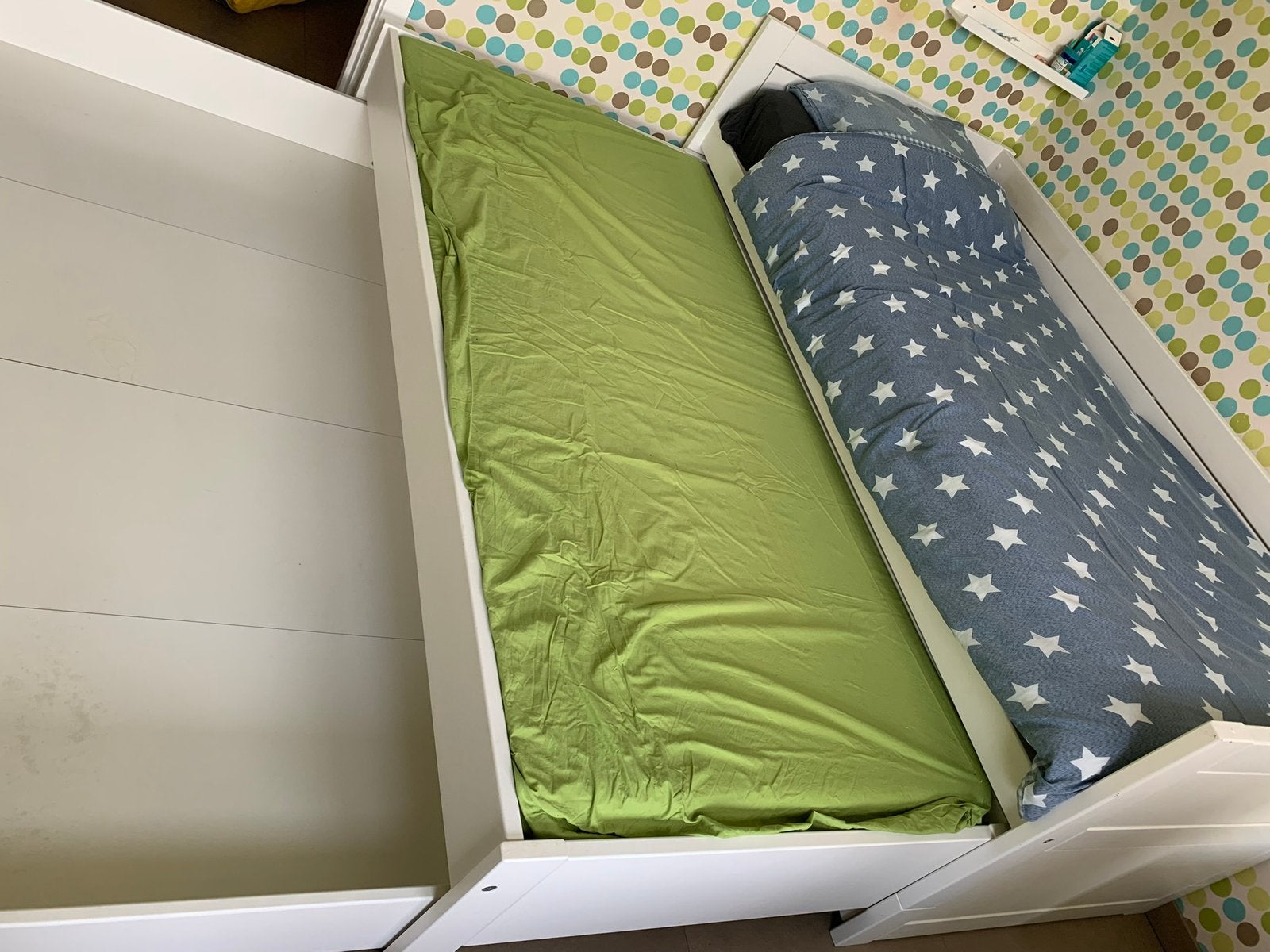 1 persoonsbed+ volledig 2 de bed+ lade 90x200 cm, Enlèvement, Utilisé, Sommier à lattes