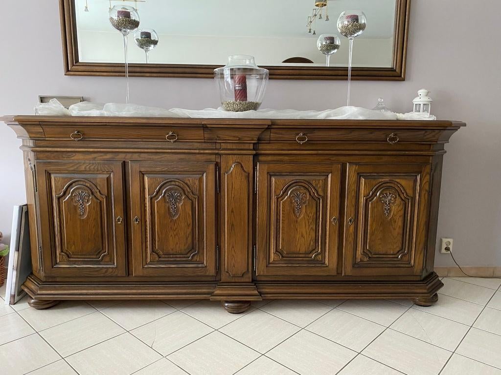 Massief eiken eetkamer en salon, Huis en Inrichting, Complete eetkamers, Gebruikt, 4 tot 6 stoelen, Ophalen
