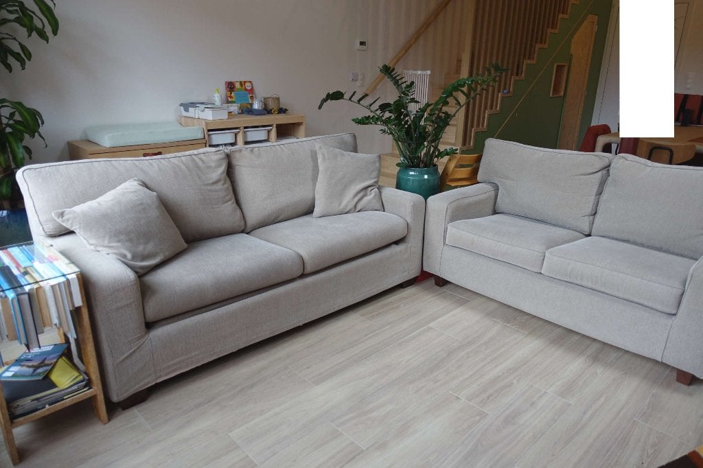 Zetelbed 3zit en zetel 2zit beige, Maison & Meubles, Enlèvement, Utilisé, Tissus, Trois personnes