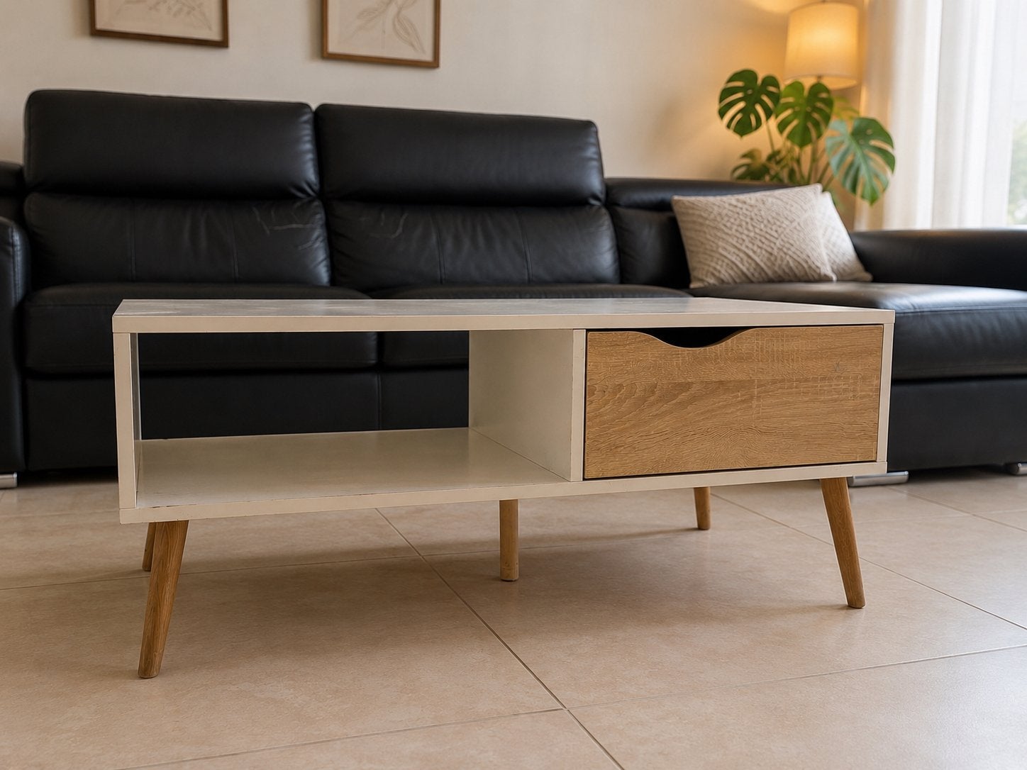 Tabla basse laquée blanche avec pieds et tiroir en bois., 50 à 100 cm, Enlèvement, Utilisé, 50 à 100 cm
