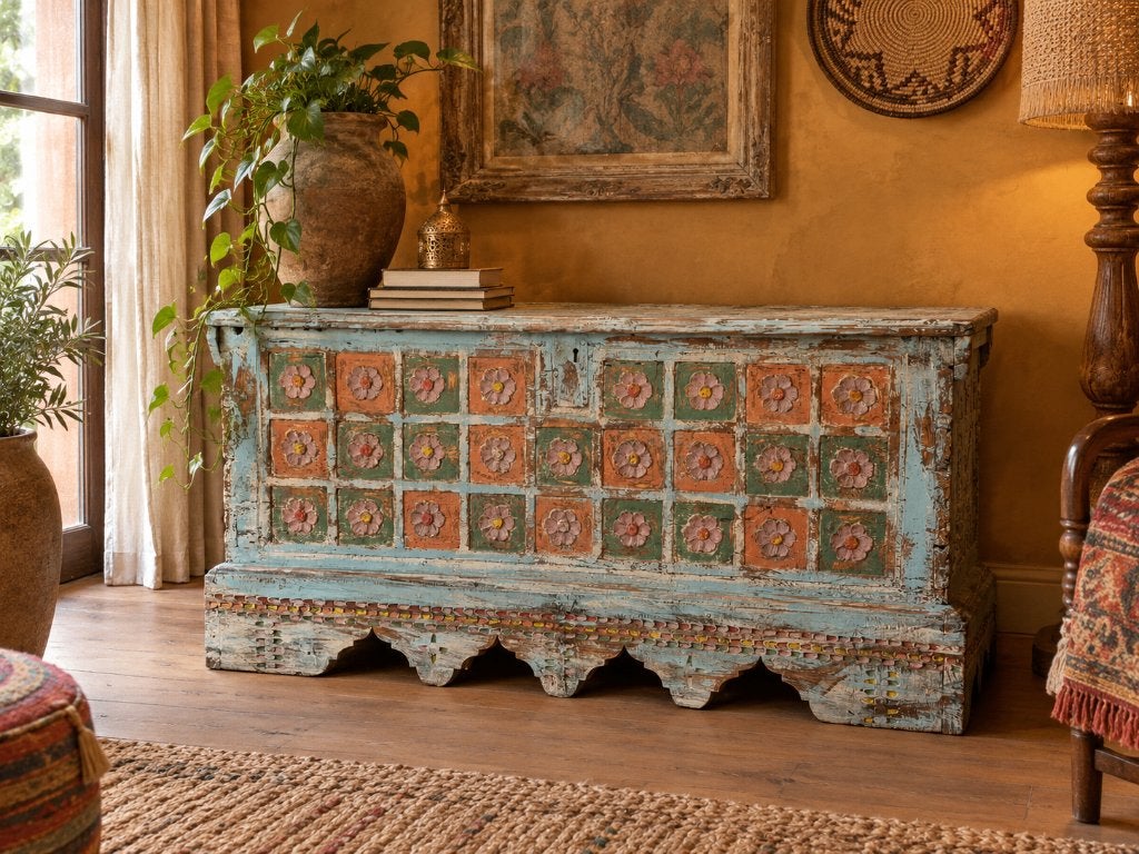 Boîte à couverture patinée antique India Ibiza Shabby, 50 – 75, 125 cm ou plus, Enlèvement ou Envoi, 50 à 100 cm