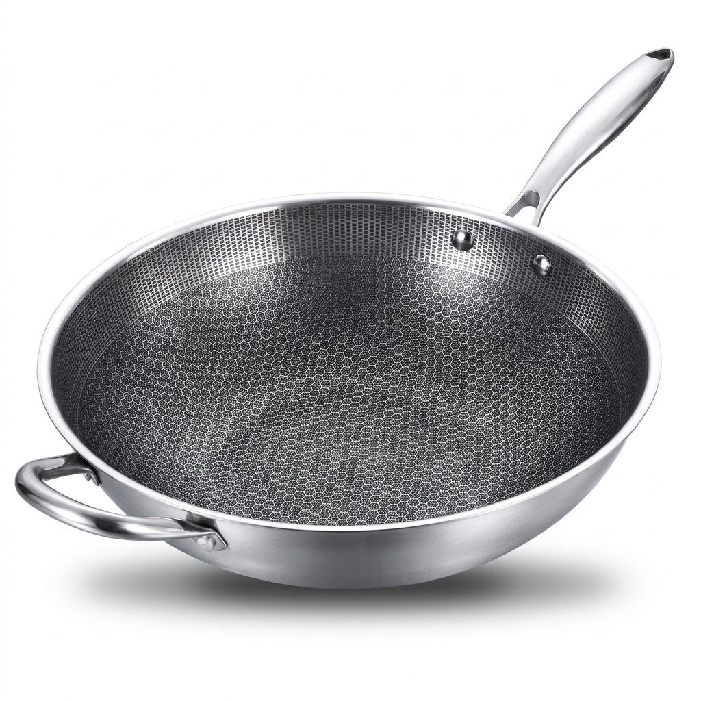 Luxe RVS Wokpan 34 cm Honingraat Structuur Anti-Aanbaklaag, Neuf, Inox, Autres marques, Envoi