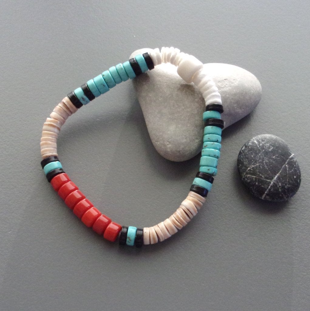 Indiaanse armband voor heren of dames turkoois koraal Surfer, Met bedels of kralen, Nieuw, Ophalen of Verzenden, Elastiek