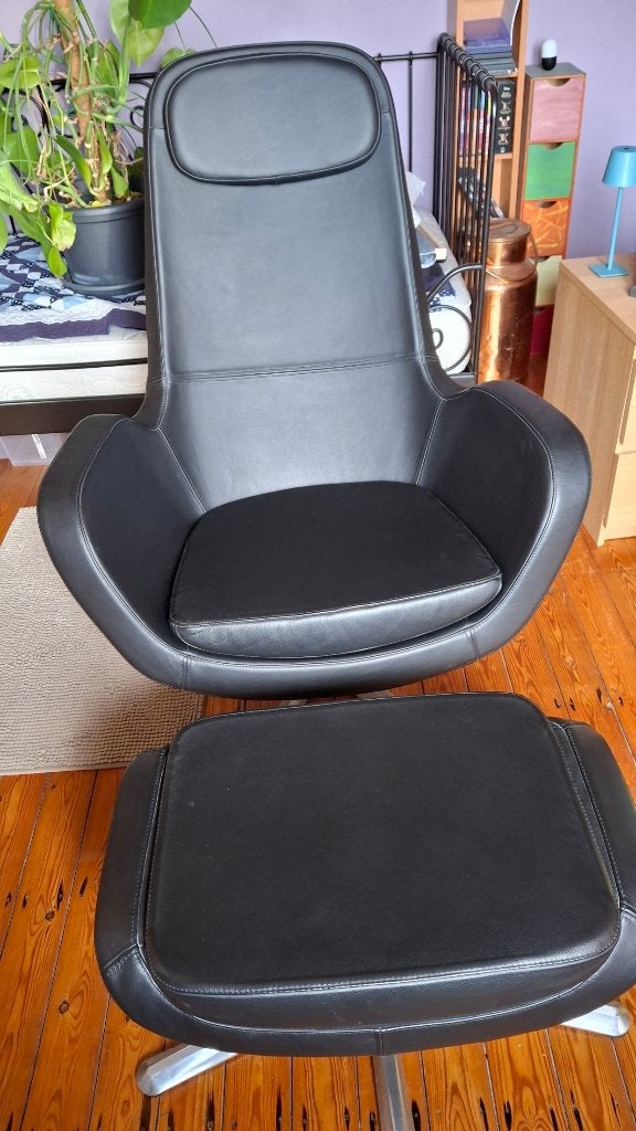 leren relaxzetel met bijpassende hocker – zwart, Enlèvement, Utilisé, Cuir