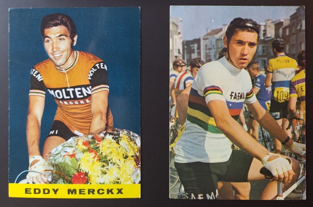 Twee kaarten: Eddy Merckx, Faema en Molteni, Ophalen of Verzenden, Zo goed als nieuw, Poster, Plaatje of Sticker