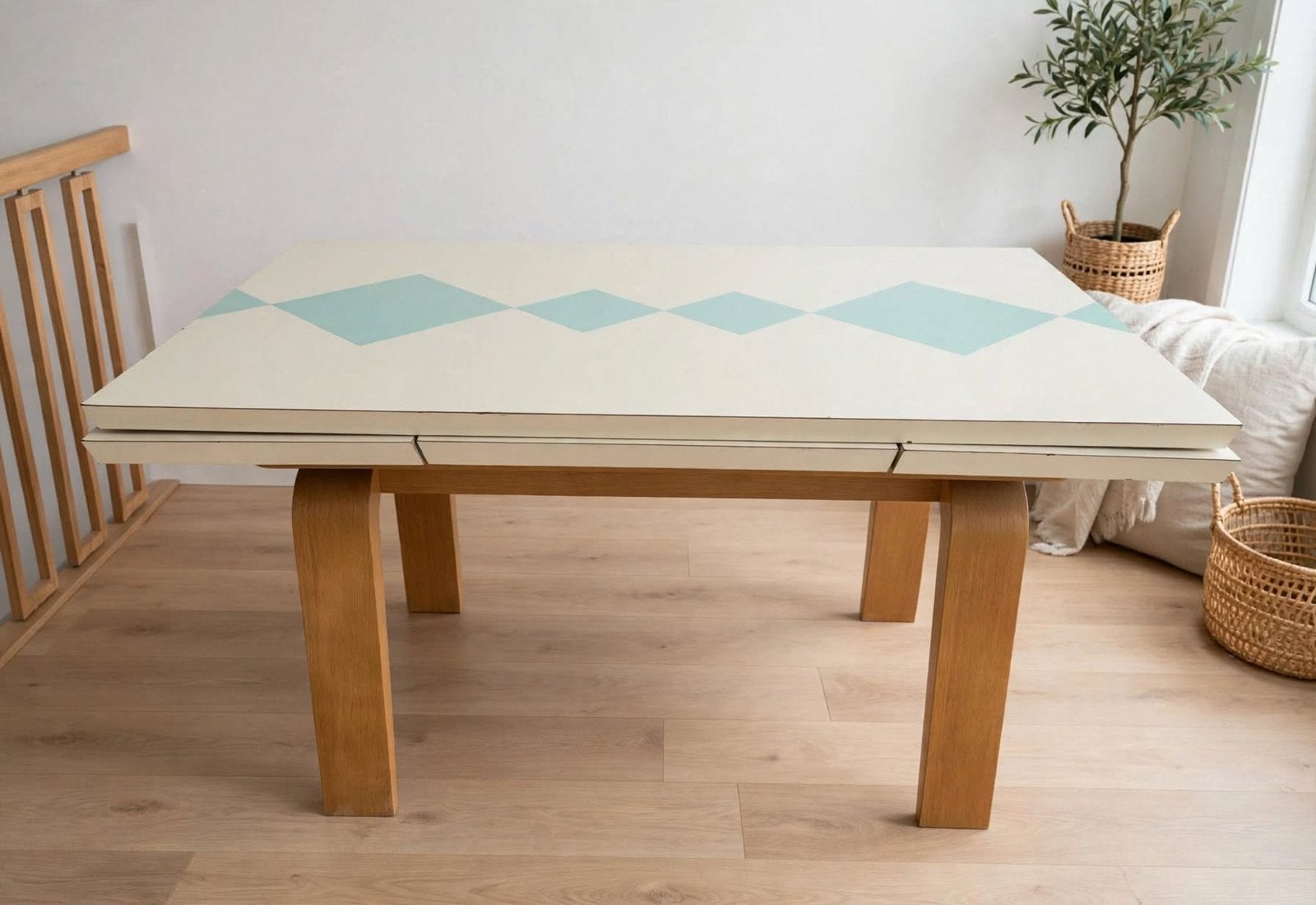 Mid-Century Vintage Eettafel - Crème  Mintgroene Ruitjes -, Quatre personnes, 50 à 100 cm, Enlèvement, 50 à 100 cm