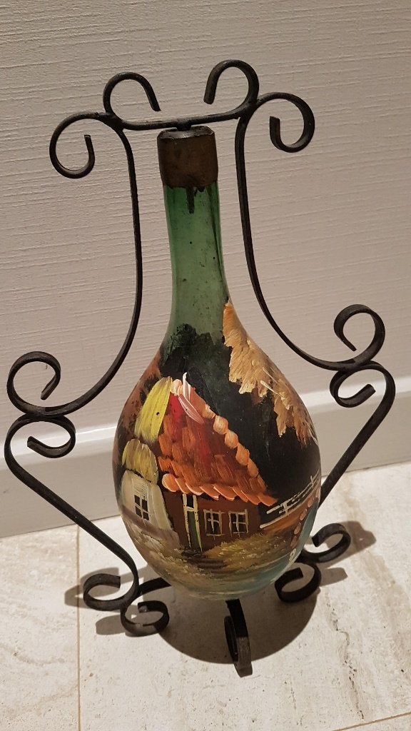 Oude Handgeschilderde fles in smeedwerk, Antiek en Kunst, Ophalen, Landschap, Overige ondergronden