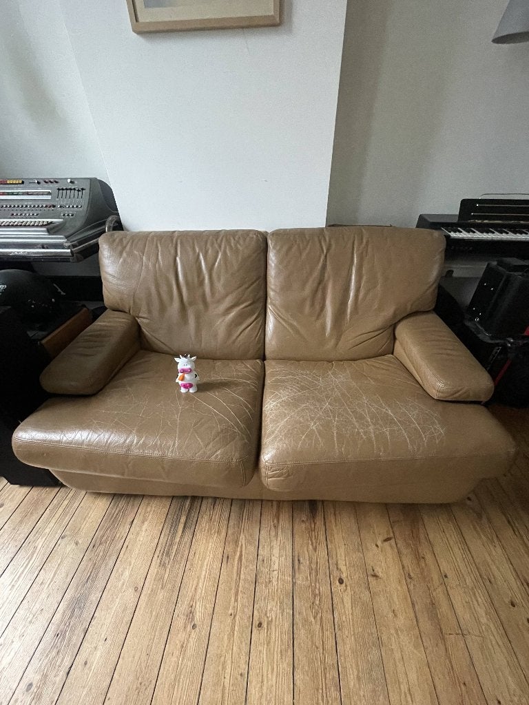 Mooie Lederen zetel te koop!, Gebruikt, Tweepersoons, Rechte bank, Ophalen