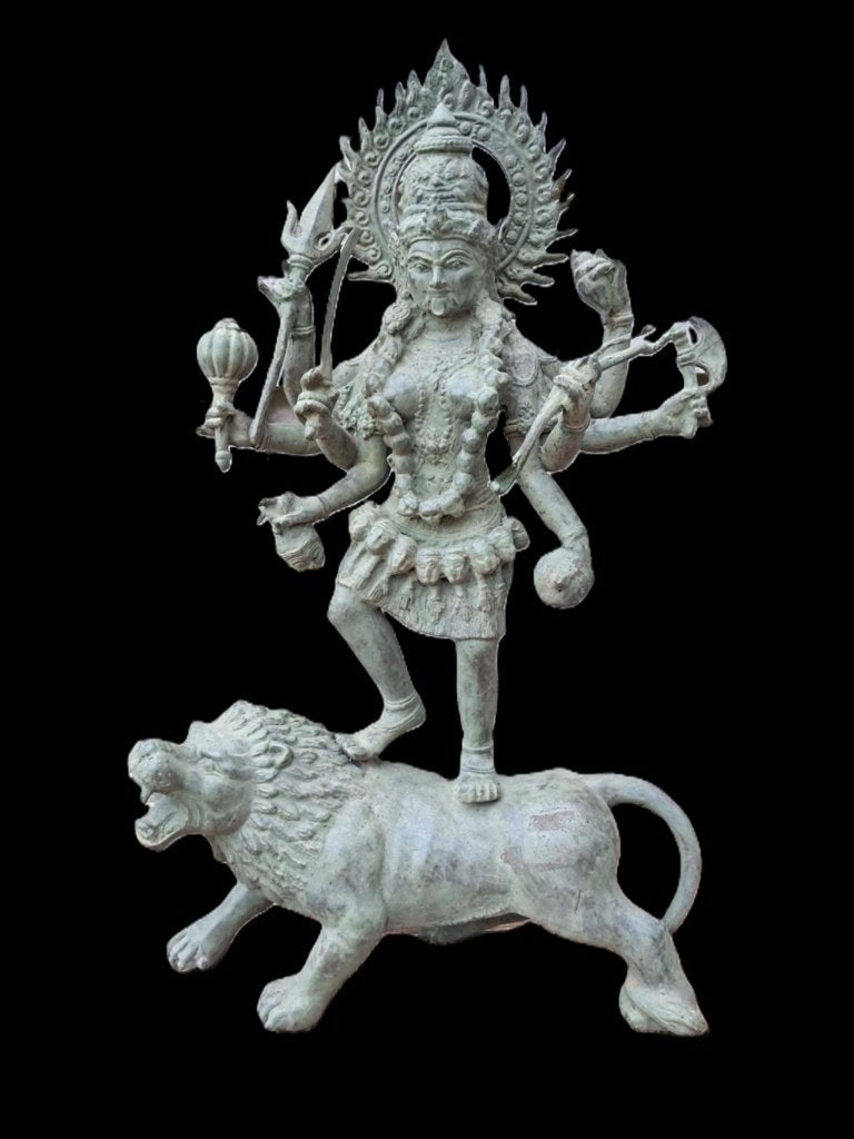 Bronzen beeld van de godin Kali, Durga/India/Azië/45 cm, Ophalen of Verzenden, Groen, 45 cm, India
