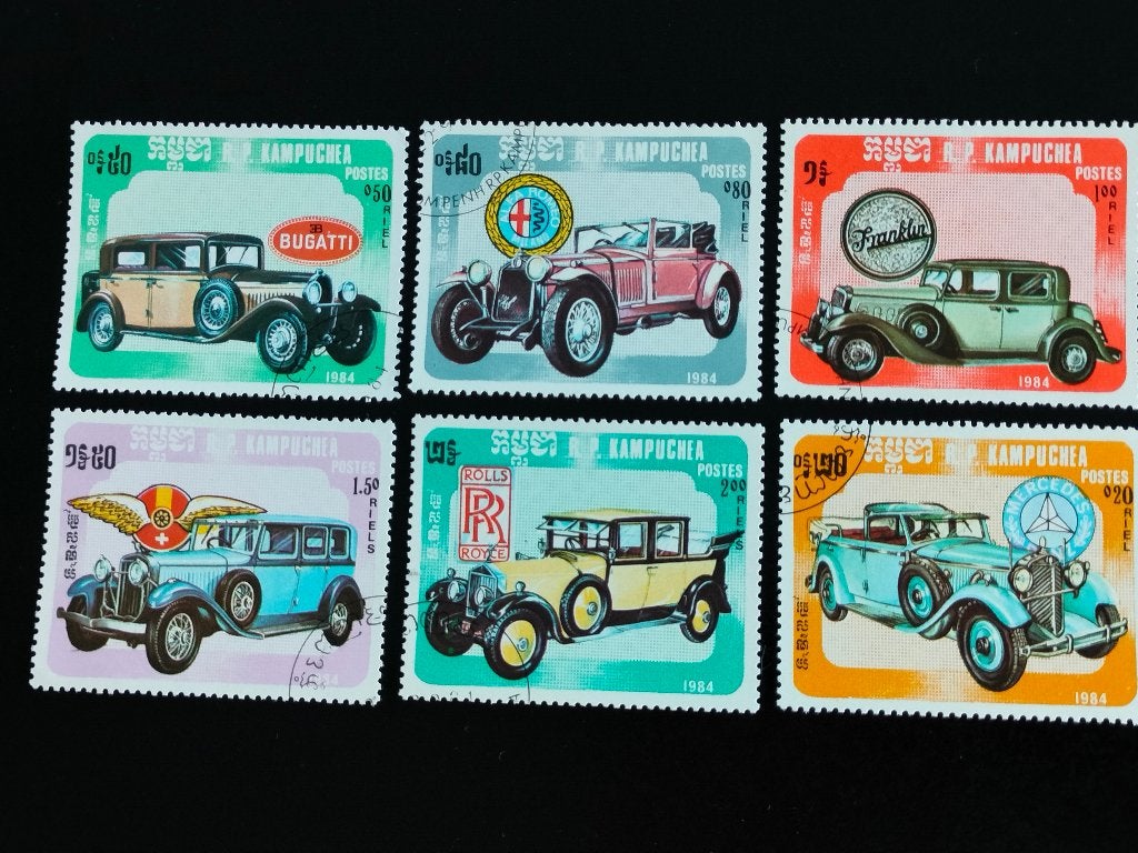 Cambodja 1984 - antieke auto's, Mercedes, Bugatti,  ..., Postzegels en Munten, Ophalen of Verzenden, Gestempeld, Zuidoost-Azië