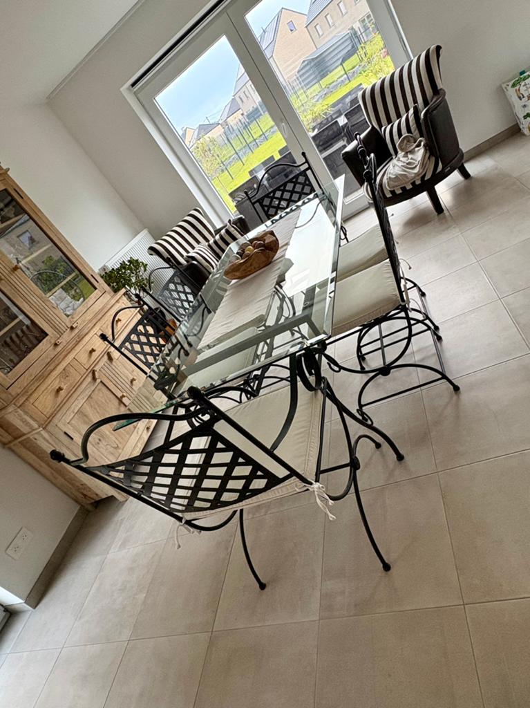 Glazen eettafel + 6 stoelen, Huis en Inrichting, Complete eetkamers, Gebruikt, 4 tot 6 stoelen, Ophalen