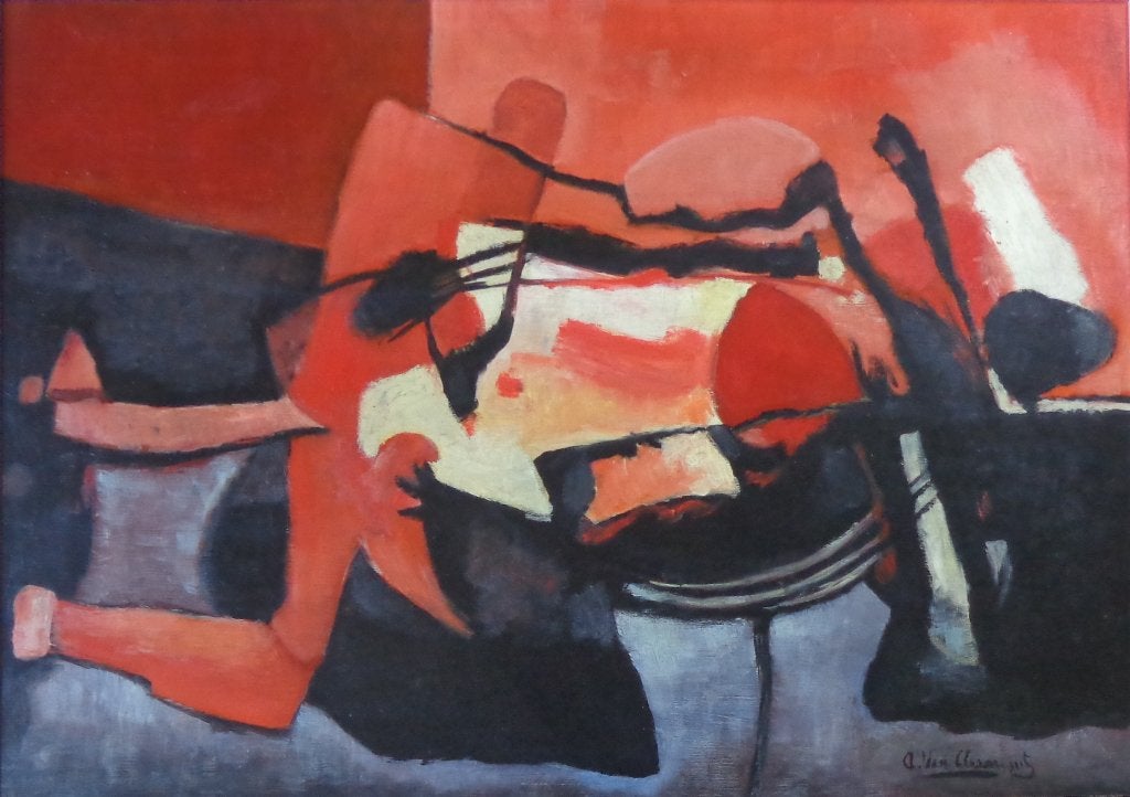 A. VAN CLEEMPUT / RODE ABSTRACTIE / OLIEVERF 77x105cm KADER, Ophalen