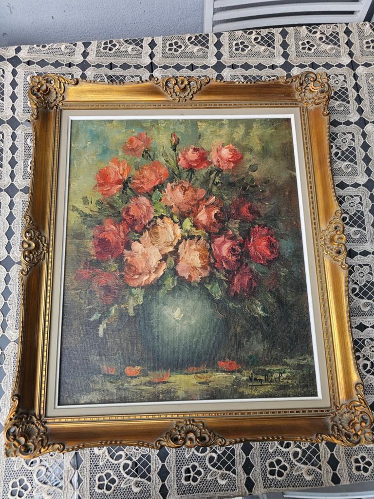 Tableau ancien bouquet de roses signé Van Riel, Antiquités & Art, Enlèvement