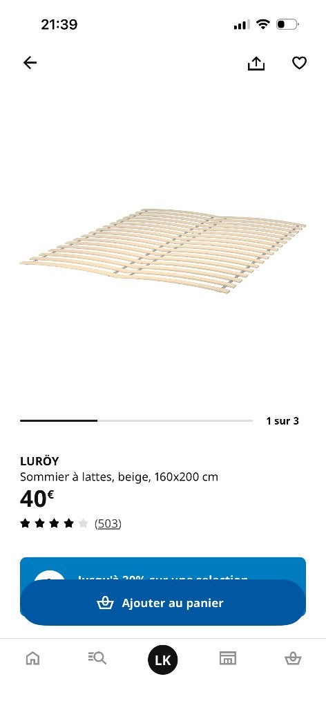 Cadre de lit + sommier à lattes IKEA, Maison & Meubles, Chambre à coucher | Lits, Neuf, Enlèvement, 200 cm, Deux personnes