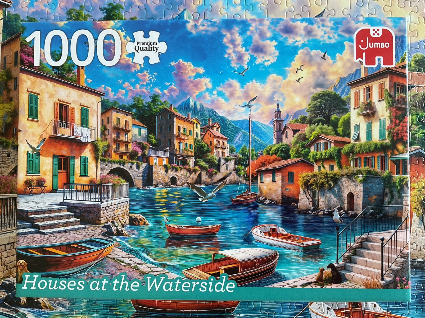 Puzzle JUMBO 1000p Maisons au bord de l’eau, Enlèvement ou Envoi, 500 à 1500 pièces, Comme neuf, Puzzle