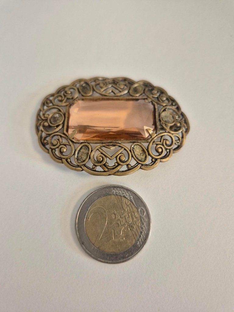 Vintage art nouveau Edwardiaanse broche roze steen jaren '30, Handtassen en Accessoires, Broches, Ophalen, 4 tot 7 cm, Roze, Koper