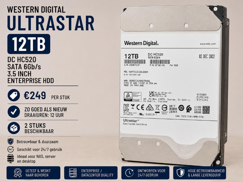 (NEW) 12TB - WD Ultrastar DC HC520 - SATA HDD - 12TB, Computers en Software, Harde schijven, Intern, 12TB, Verzenden, Server