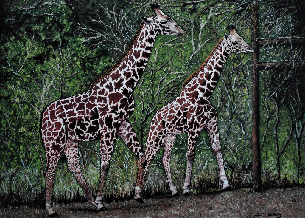 Giraffes painting, by joky kamo year in 2000, Enlèvement, Signé, Animaux, Toile