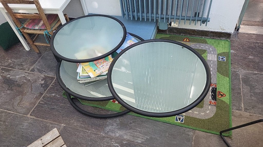 vintage draaibare salontafel uit 70/80, Milo Baughman stijl, Ophalen, Zo goed als nieuw, Rond, Glas