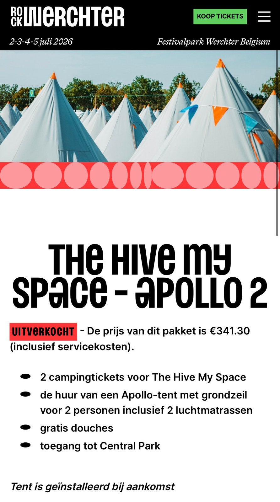 Rock Werchter 2026 - The Hive My Space Apollo 2 personen, Tickets & Billets, Deux personnes, Plusieurs jours