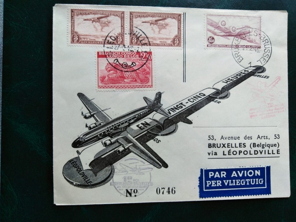 Timbres sur lettre Sabena Bruxelles-Léopolville 22/05/45, Timbres & Monnaies, Oblitéré, Enlèvement ou Envoi, Timbre de poste aérienne